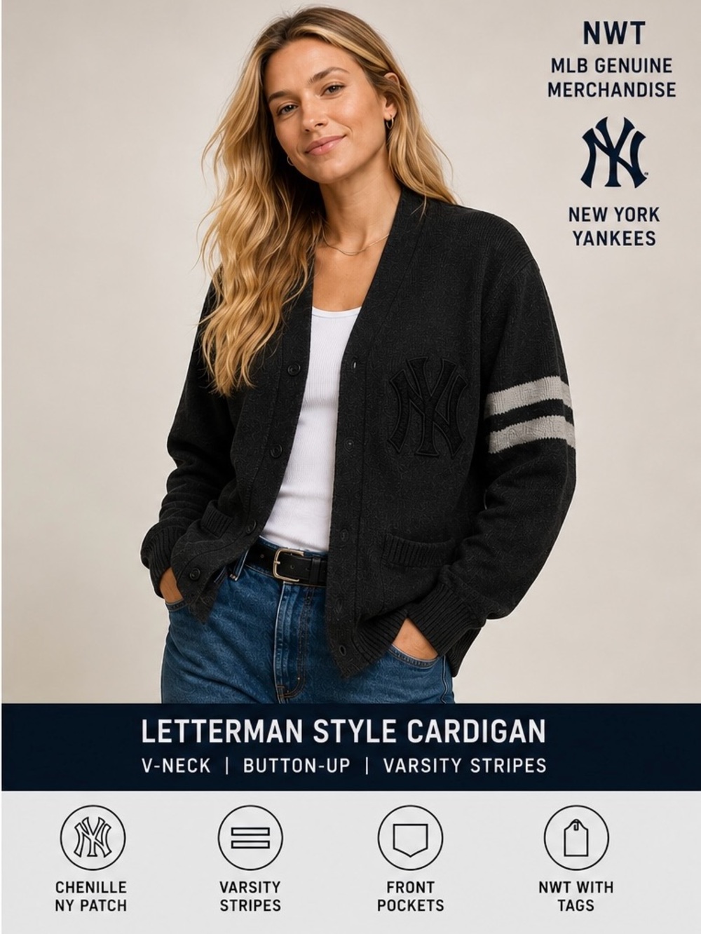NWT Genuine MLB NY Yankees Merchandise Black Cardigan Sweater Chenille Patch XL